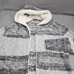 Lety & Me Cardigan Grey Striped Faux Fur Hooded Open Front Women Large